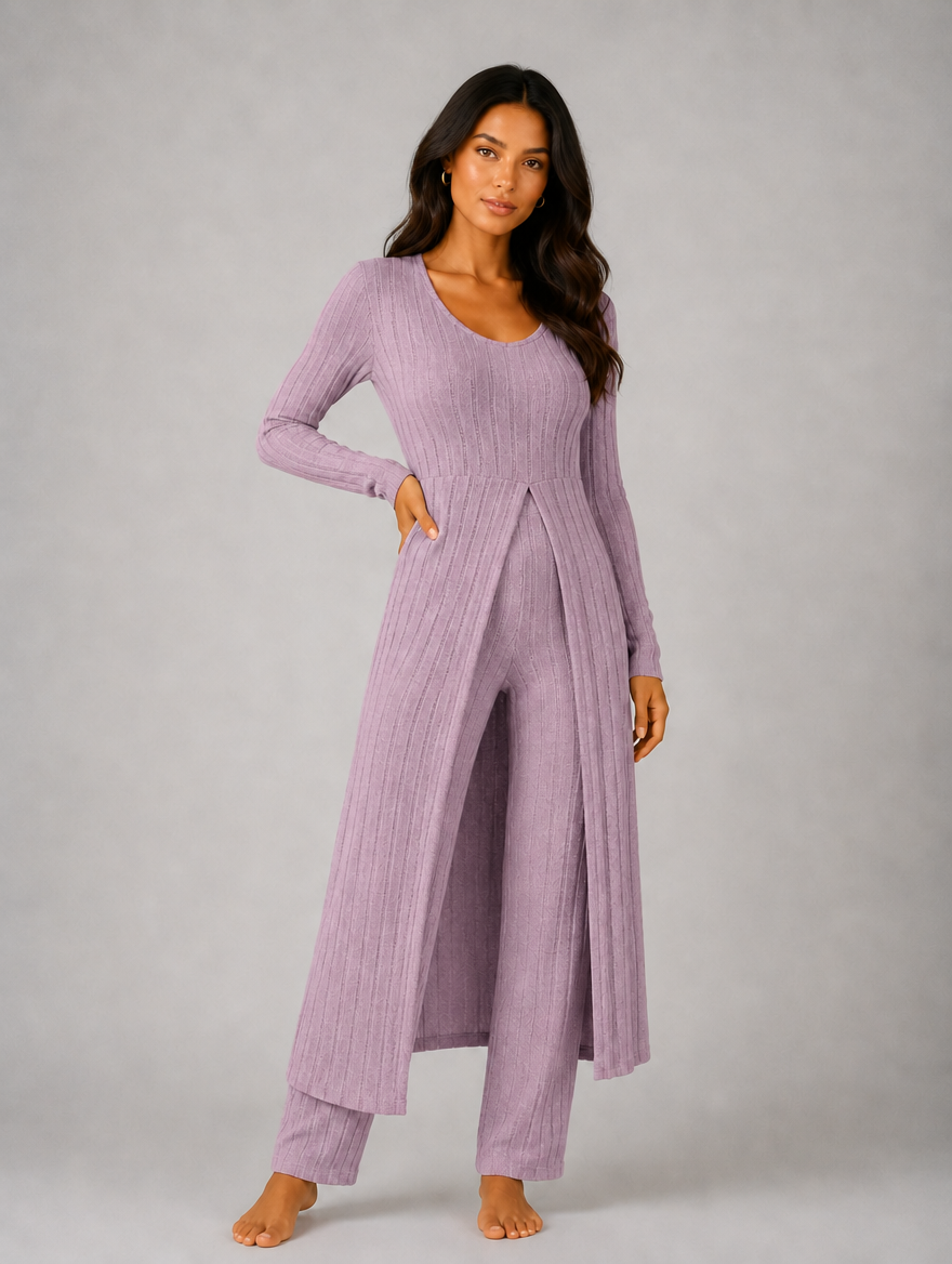 Women's Ribbed Soft Two-Piece Lounge Set - Relaxed Fit Co-Ord — Lilac