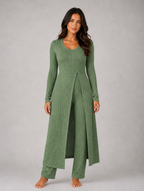 Women's Ribbed Soft Two-Piece Lounge Set - Relaxed Fit Co-Ord — Green