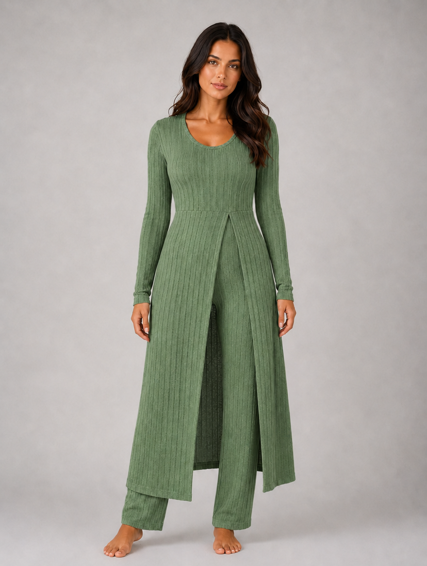 Women's Ribbed Soft Two-Piece Lounge Set - Relaxed Fit Co-Ord — Green