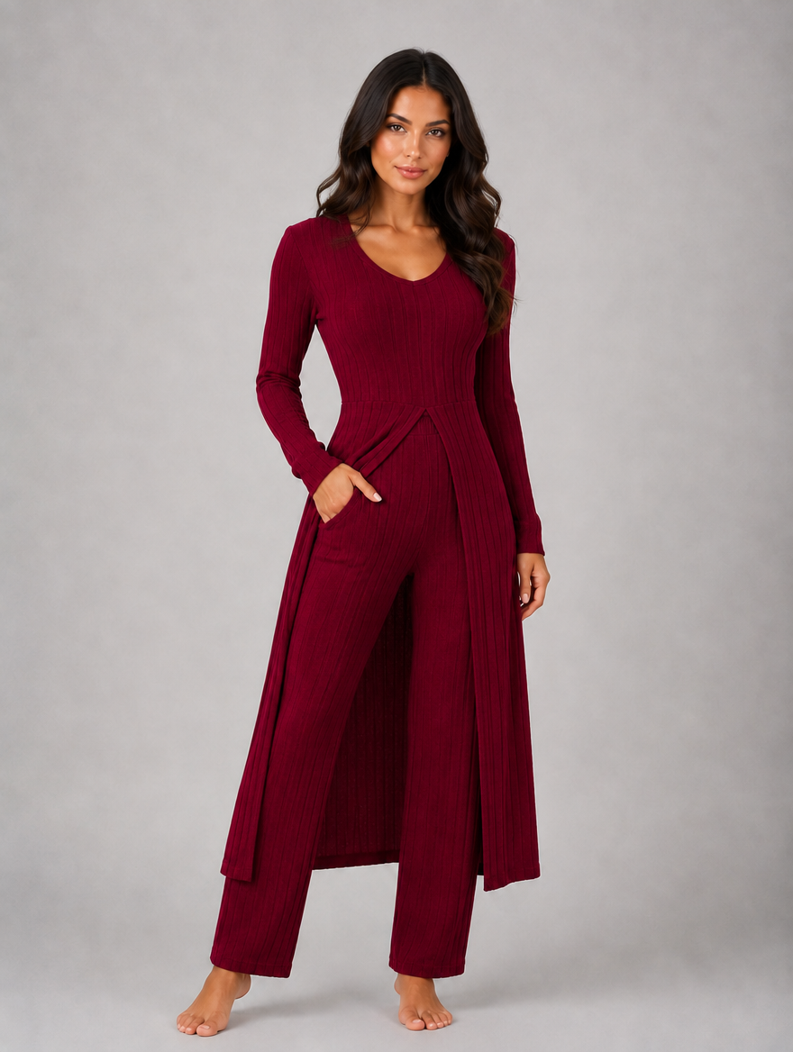 Women's Ribbed Soft Two-Piece Lounge Set - Relaxed Fit Co-Ord — Red
