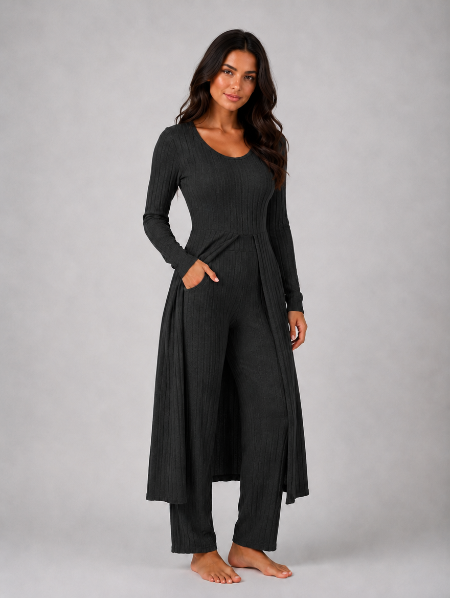 Women's Ribbed Soft Two-Piece Lounge Set - Relaxed Fit Co-Ord — Black