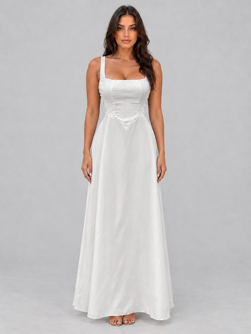 Women's Square Neck Maxi Dress – Structured Bodice A-Line Fit — Ivory