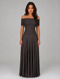 Women's Off Shoulder Mesh Maxi Dress – Ruched Evening Gown — Coffee