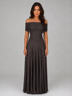 Women's Off Shoulder Mesh Maxi Dress – Ruched Evening Gown — Coffee