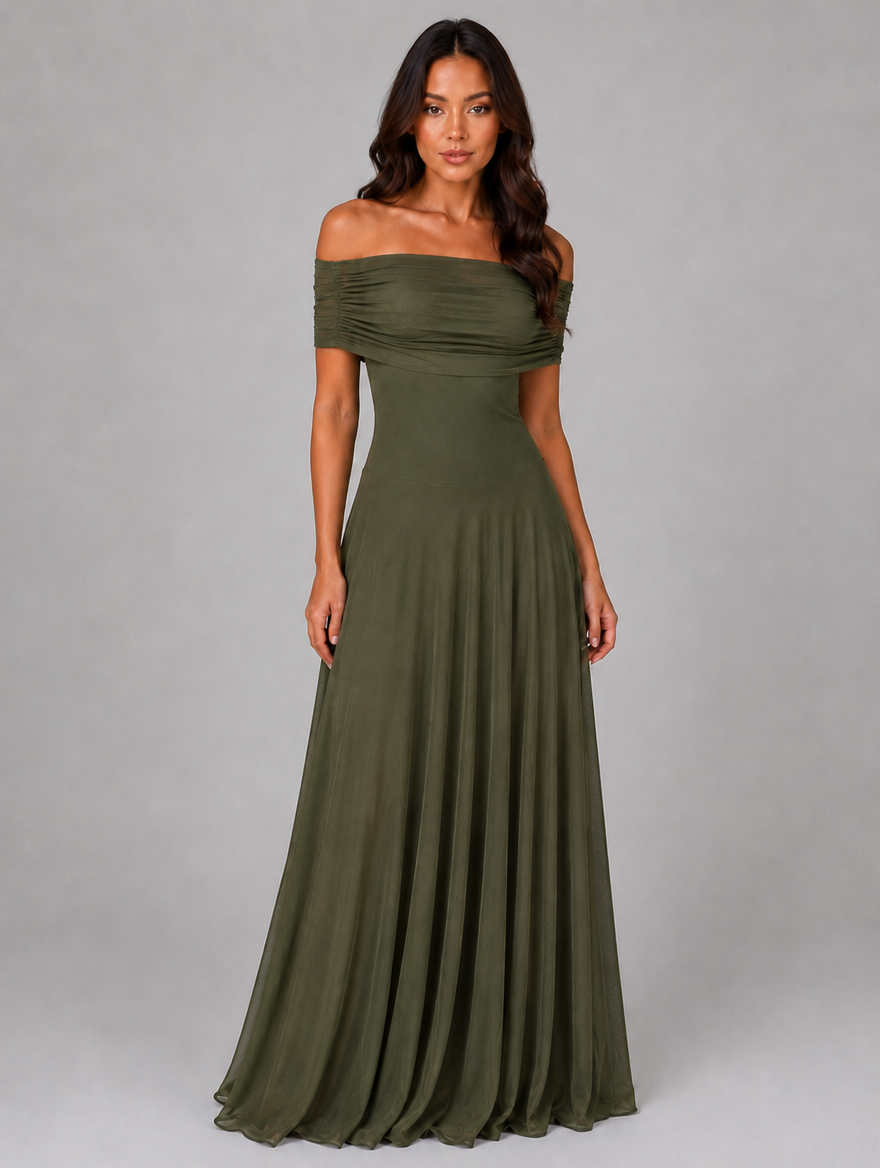 Women's Off Shoulder Mesh Maxi Dress – Ruched Evening Gown — Olive Green