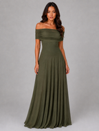 Women's Off Shoulder Mesh Maxi Dress – Ruched Evening Gown — Olive Green