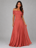 Women's Off Shoulder Mesh Maxi Dress – Ruched Evening Gown — Terracotta
