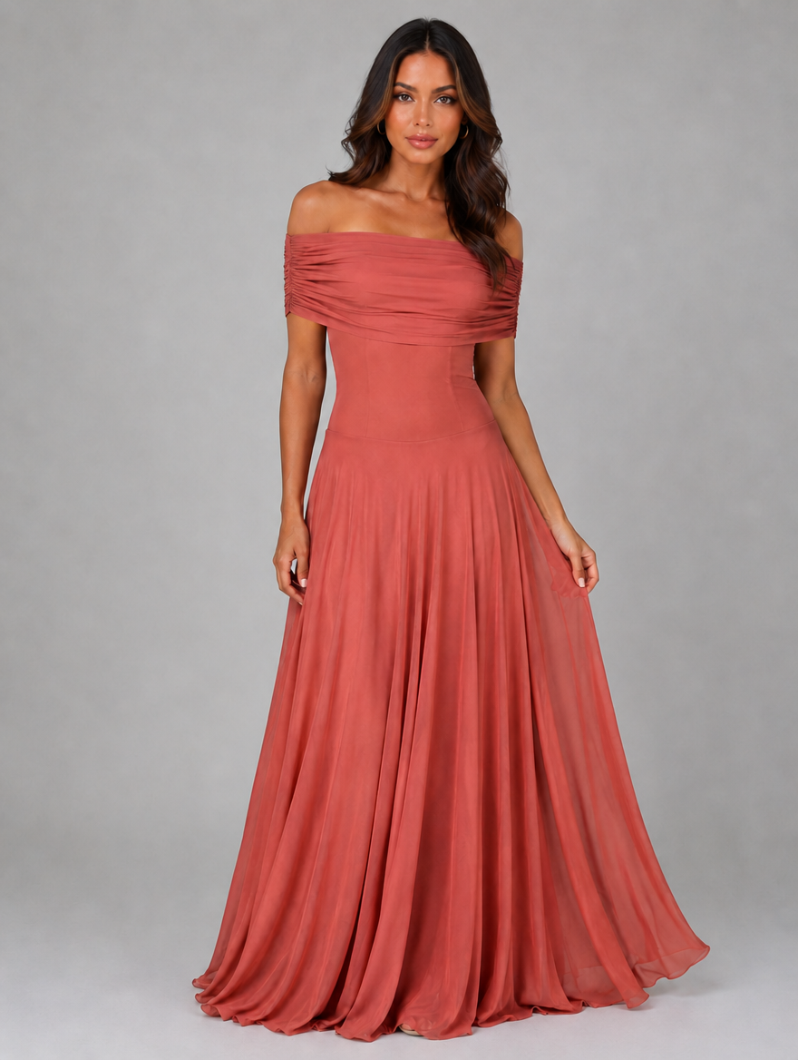 Women's Off Shoulder Mesh Maxi Dress – Ruched Evening Gown — Terracotta