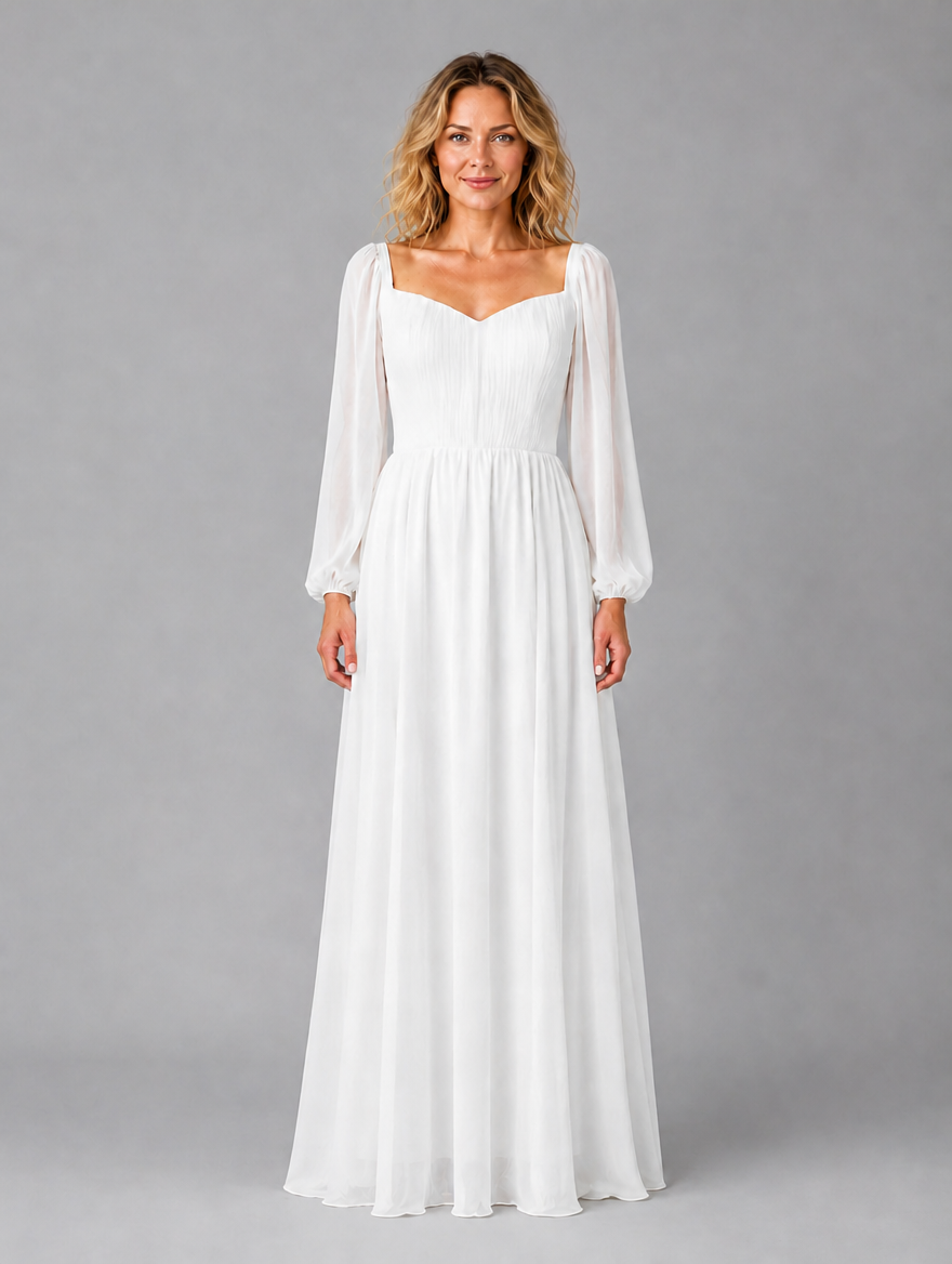 Women's Chiffon Long Sleeve Maxi Dress – Flowing Silhouette — White