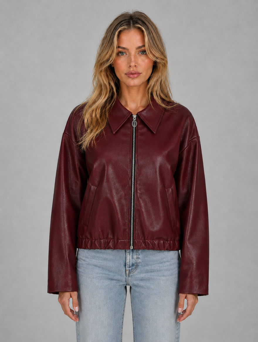 Women's Zip Leather Jacket with Pockets – Relaxed Cropped Fit — Burgundy