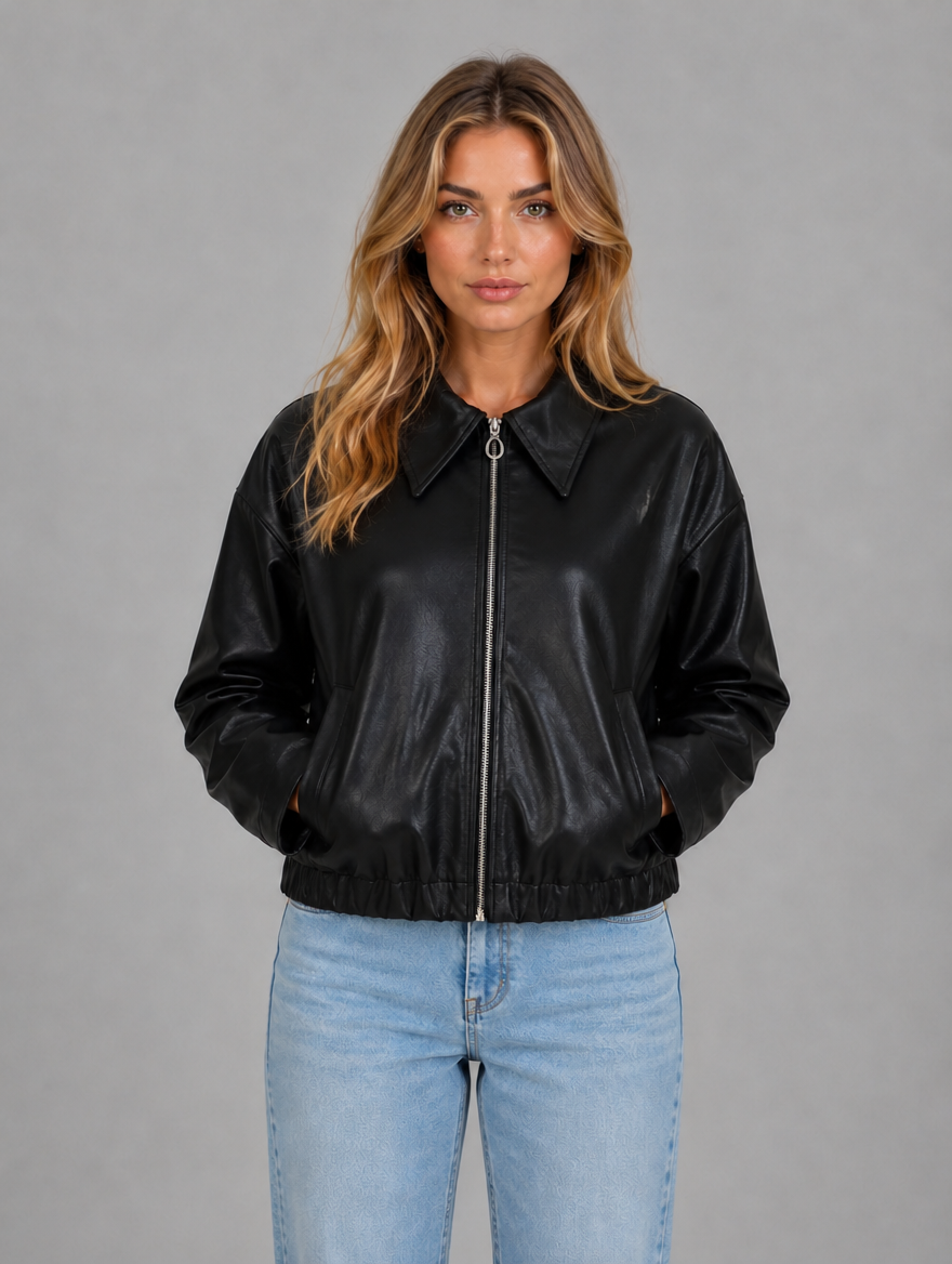 Women's Zip Leather Jacket with Pockets – Relaxed Cropped Fit — Black