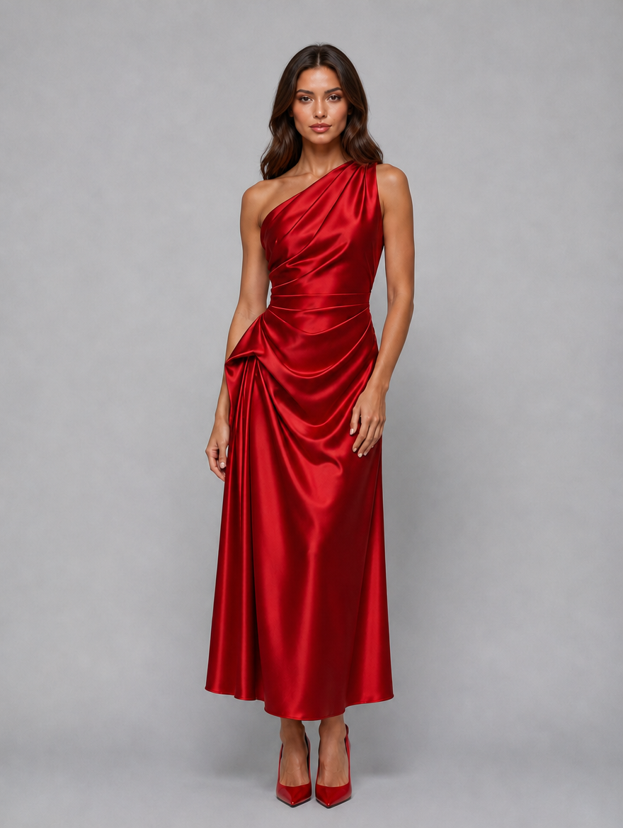 Women's One Shoulder Satin Look Midi Dress – Ruched Evening Dress — Red