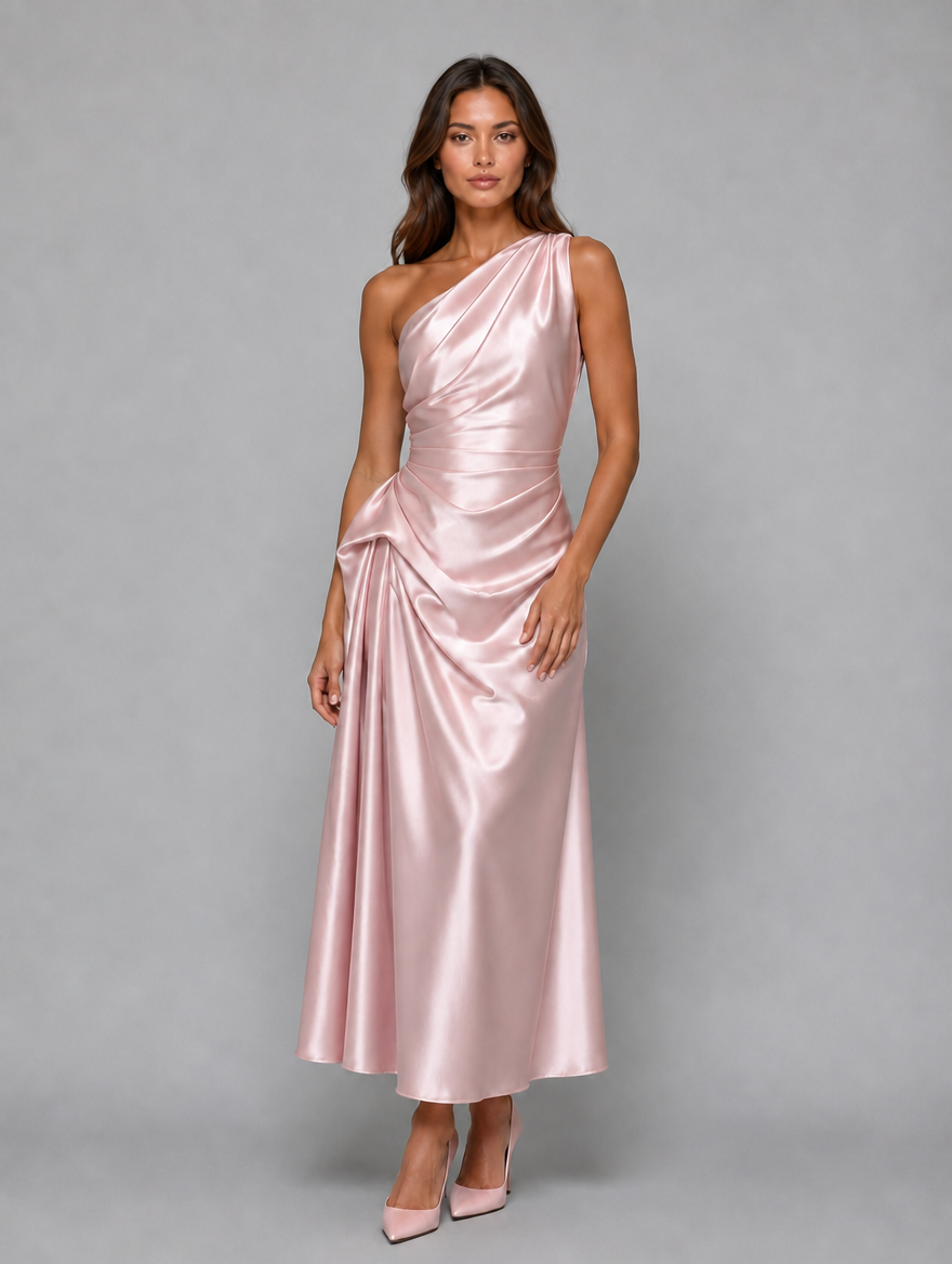 Women's One Shoulder Satin Look Midi Dress – Ruched Evening Dress — Pink