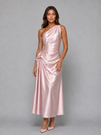 Women's One Shoulder Satin Look Midi Dress – Ruched Evening Dress — Pink
