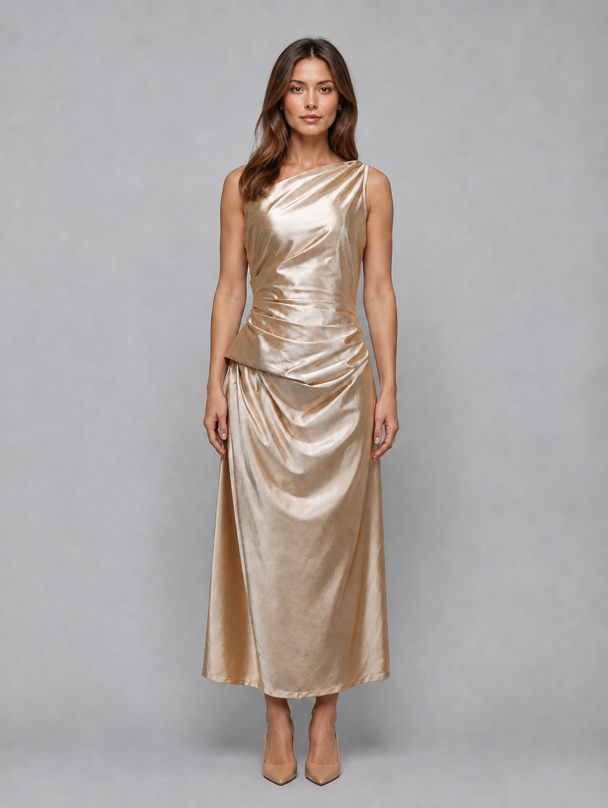Women's One Shoulder Satin Look Midi Dress – Ruched Evening Dress — Gold