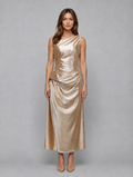 Women's One Shoulder Satin Look Midi Dress – Ruched Evening Dress — Gold