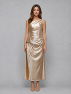 Women's One Shoulder Satin Look Midi Dress – Ruched Evening Dress — Gold