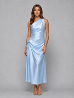 Women's One Shoulder Satin Look Midi Dress – Ruched Evening Dress — Light Blue