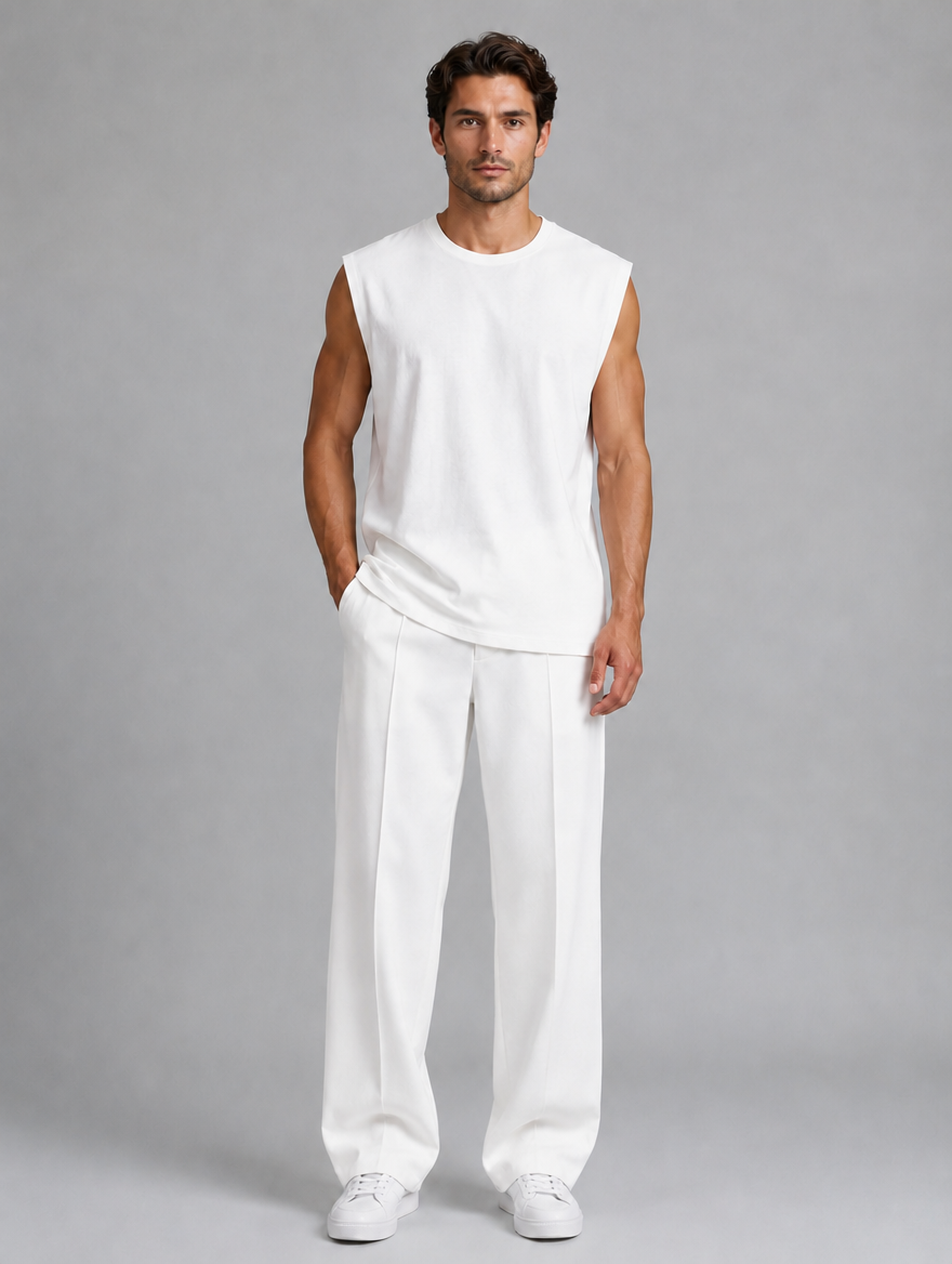 Men's Sleeveless Top & Wide Leg Trouser Co-Ord Set – Relaxed Fit — White