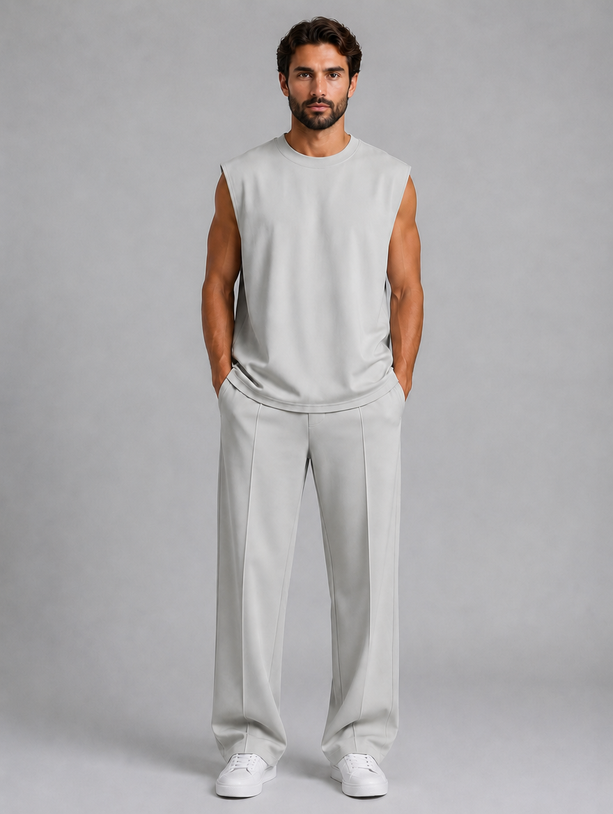 Men's Sleeveless Top & Wide Leg Trouser Co-Ord Set – Relaxed Fit — Grey
