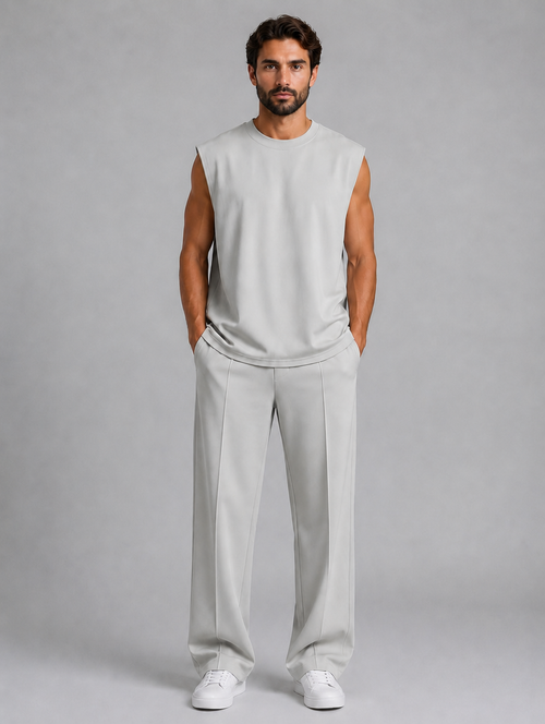 Men's Sleeveless Top & Wide Leg Trouser Co-Ord Set – Relaxed Fit — Grey