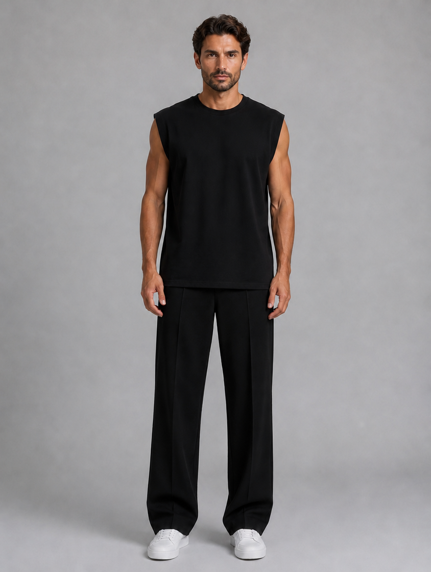 Men's Sleeveless Top & Wide Leg Trouser Co-Ord Set – Relaxed Fit — Black
