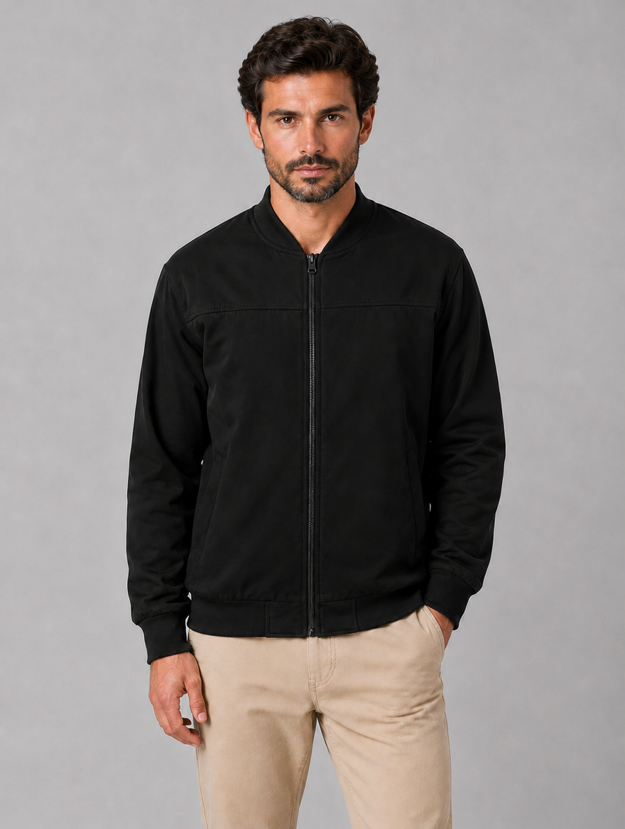 Men's Zip Bomber Jacket – Casual Regular Fit — Black