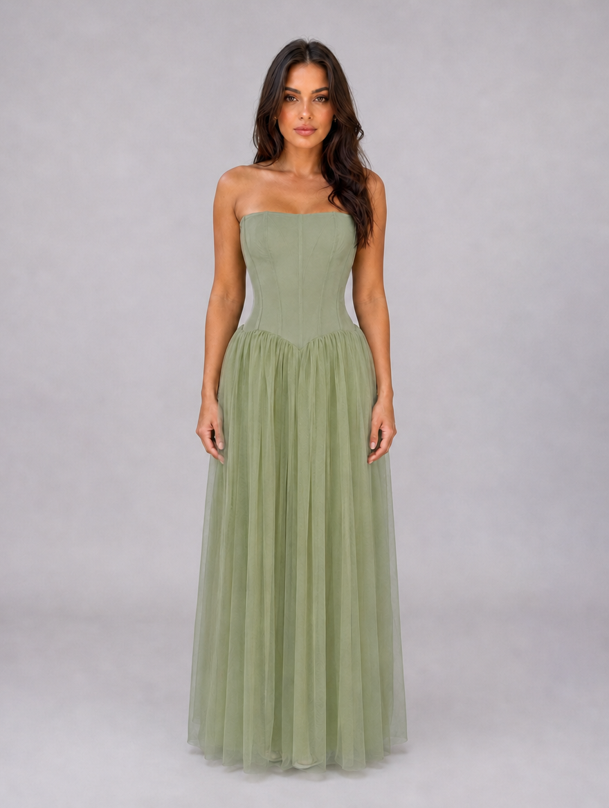 Women's Strapless Corset Tulle Maxi Dress – Sculpted Evening Gown — Sage Green