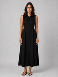 Women's Sleeveless Button Front Maxi Shirt Dress with Pockets – Flattering Fit — Black