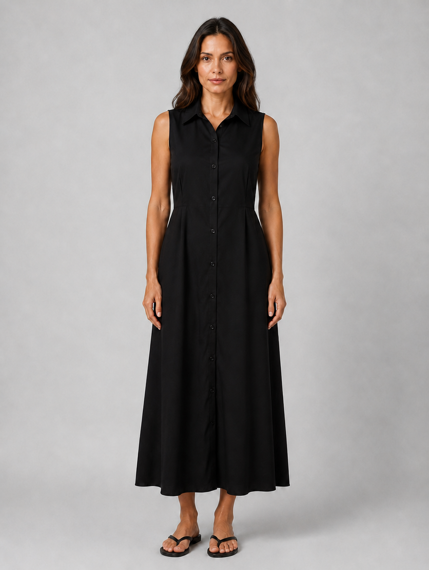 Women's Sleeveless Button Front Maxi Shirt Dress with Pockets – Flattering Fit — Black