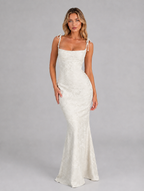 Women's Floral Jacquard Mermaid Maxi Dress – Figure-Flattering Silhouette — White