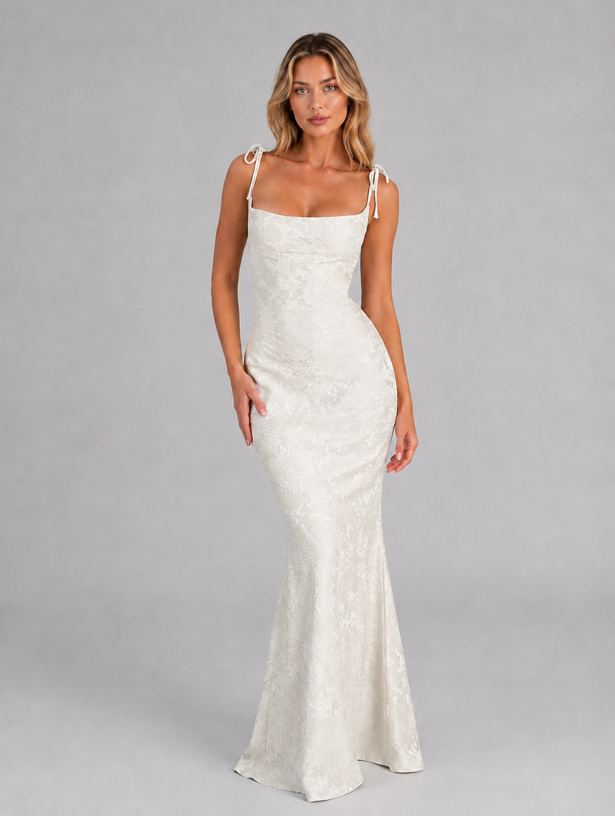 Women's Floral Jacquard Mermaid Maxi Dress – Figure-Flattering Silhouette — White