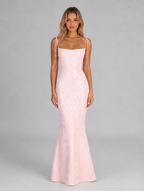 Women's Floral Jacquard Mermaid Maxi Dress – Figure-Flattering Silhouette — Blush Pink