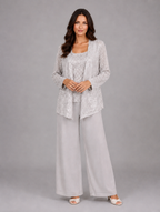 Women's Sequin Three-Piece Trouser Set – Elegant Occasion Co-Ord — Silver