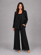 Women's Sequin Three-Piece Trouser Set – Elegant Occasion Co-Ord — Black