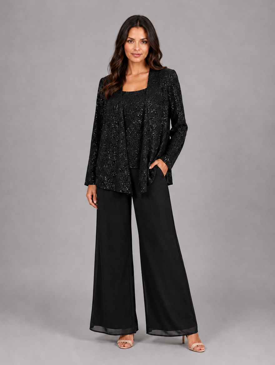 Women's Sequin Three-Piece Trouser Set – Elegant Occasion Co-Ord — Black