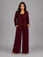 Women's Sequin Three-Piece Trouser Set – Elegant Occasion Co-Ord — Burgundy