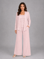 Women's Sequin Three-Piece Trouser Set – Elegant Occasion Co-Ord — Light Pink
