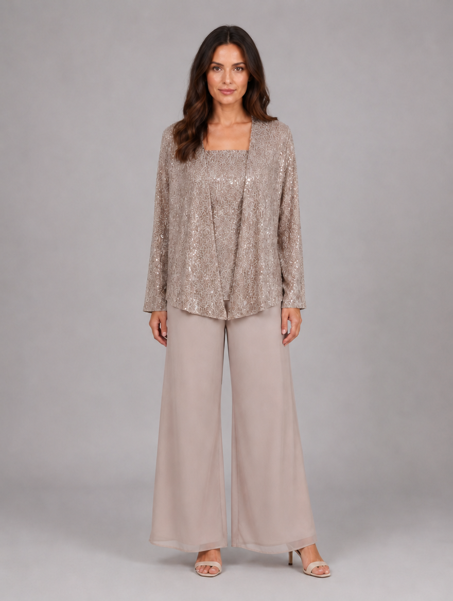 Women's Sequin Three-Piece Trouser Set – Elegant Occasion Co-Ord — Taupe