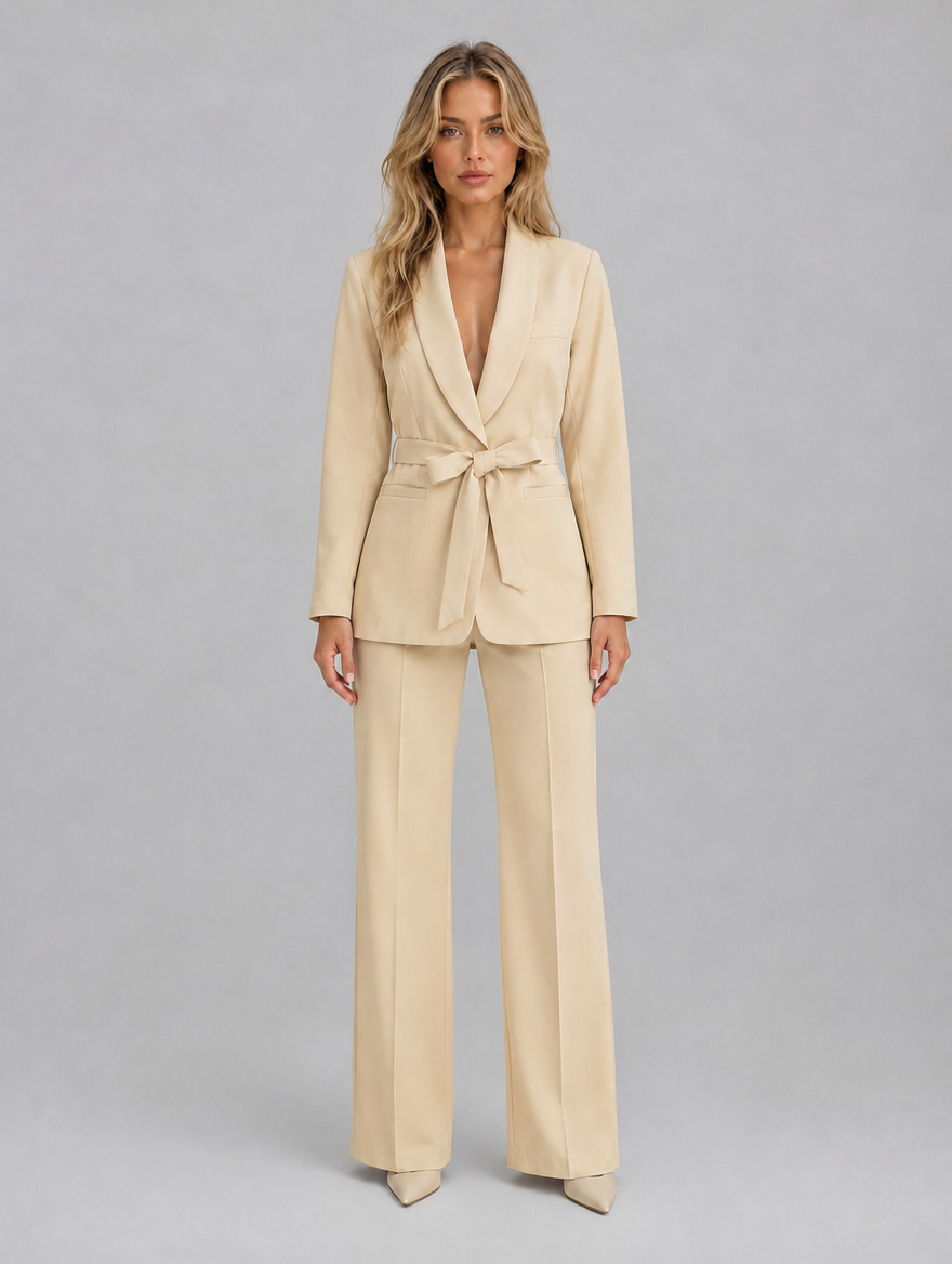 Women's Belted Blazer & Wide Leg Trouser Co-Ord Set – Tailored Two-Piece Suit — Beige