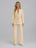Women's Belted Blazer & Wide Leg Trouser Co-Ord Set – Tailored Two-Piece Suit — Beige
