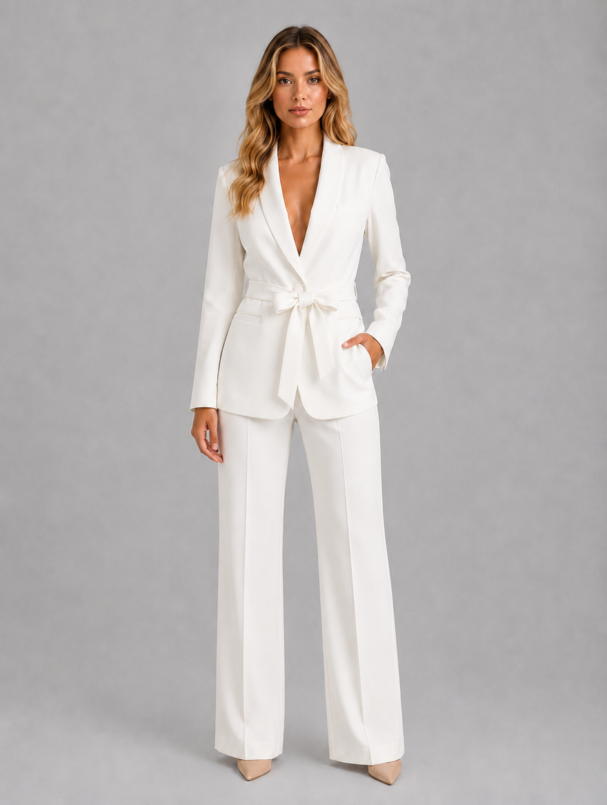 Women's Belted Blazer & Wide Leg Trouser Co-Ord Set – Tailored Two-Piece Suit — White