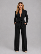 Women's Belted Blazer & Wide Leg Trouser Co-Ord Set – Tailored Two-Piece Suit — Black