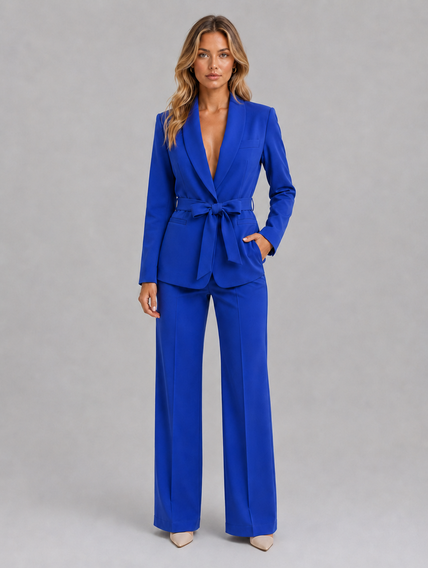Women's Belted Blazer & Wide Leg Trouser Co-Ord Set – Tailored Two-Piece Suit — Blue