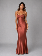 Women's Satin Feel Maxi Dress – Sculpted Fit Evening Gown — Rust
