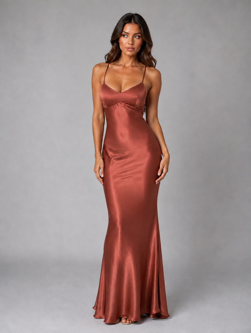 Women's Satin Feel Maxi Dress – Sculpted Fit Evening Gown — Rust
