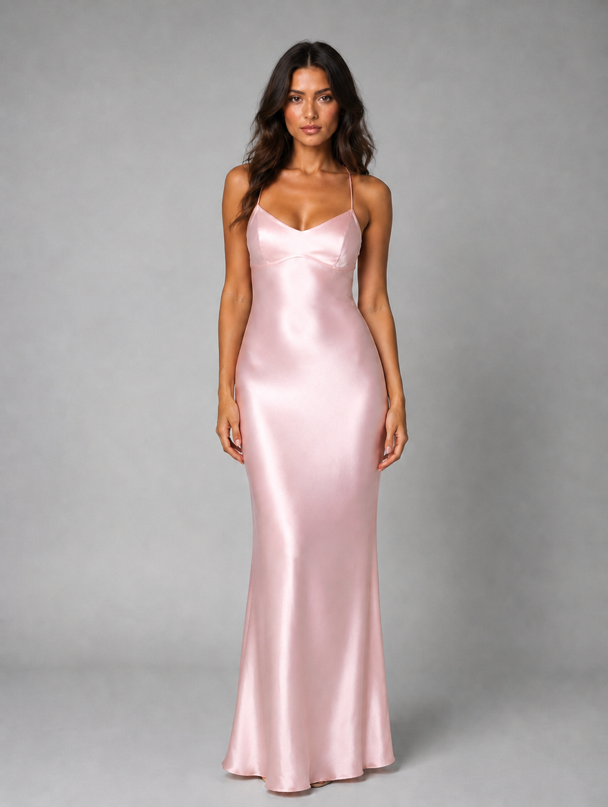 Women's Satin Feel Maxi Dress – Sculpted Fit Evening Gown — Blush Pink