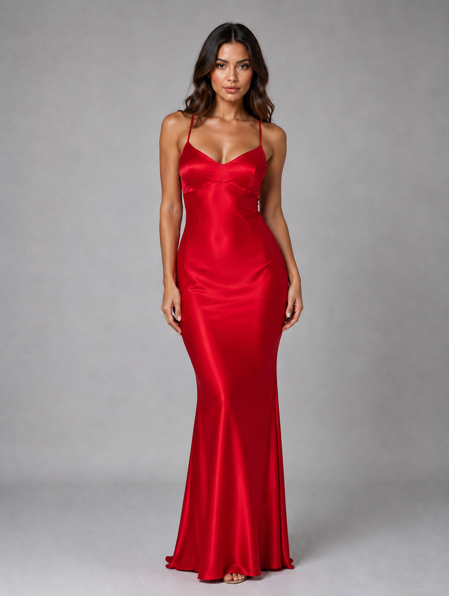 Women's Satin Feel Maxi Dress – Sculpted Fit Evening Gown — Red