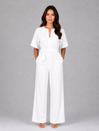 Women's Relaxed Wide Leg Jumpsuit – Tie Waist Casual Outfit — White