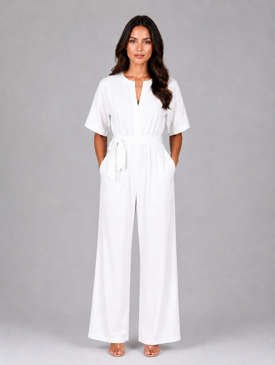 Women's Relaxed Wide Leg Jumpsuit – Tie Waist Casual Outfit — White